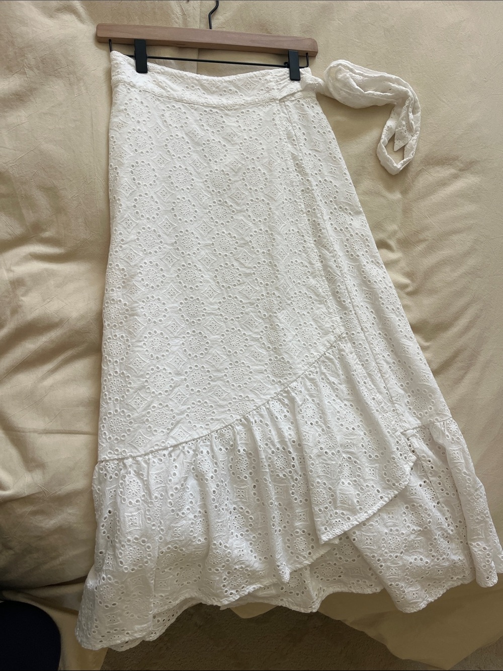 Hill House White Eyelet Wrap Maxi Skirt with Ruffle Hem